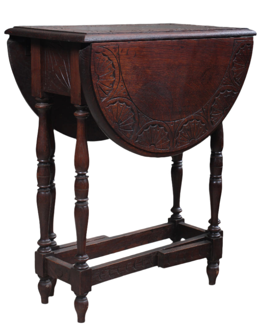 English Carved Oak Dropleaf Occasional Table c.1900