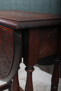 English Carved Oak Dropleaf Occasional Table c.1900