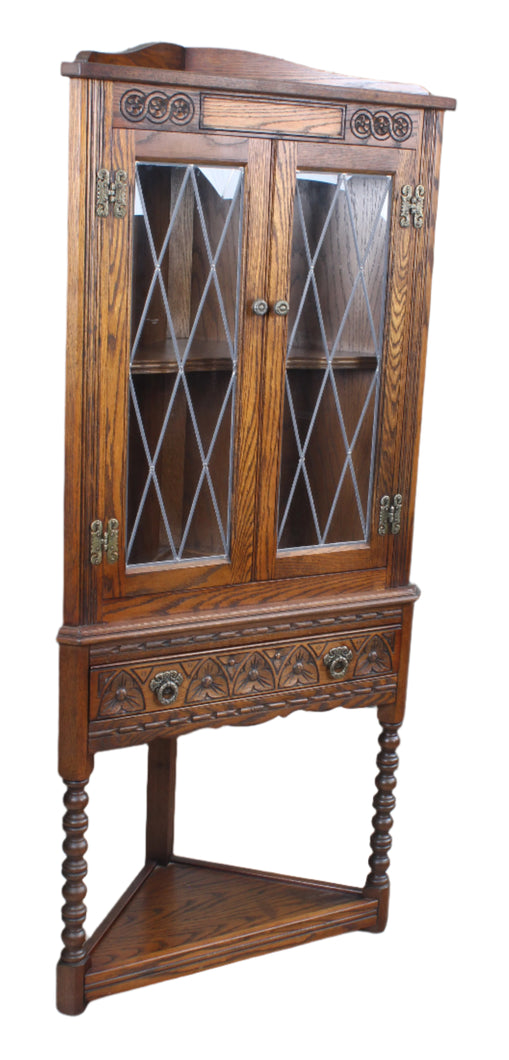 English Oak Leaded Glass Corner Cabinet