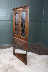 English Oak Leaded Glass Corner Cabinet