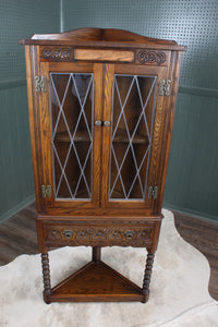 English Oak Leaded Glass Corner Cabinet