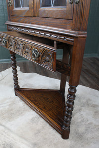 English Oak Leaded Glass Corner Cabinet