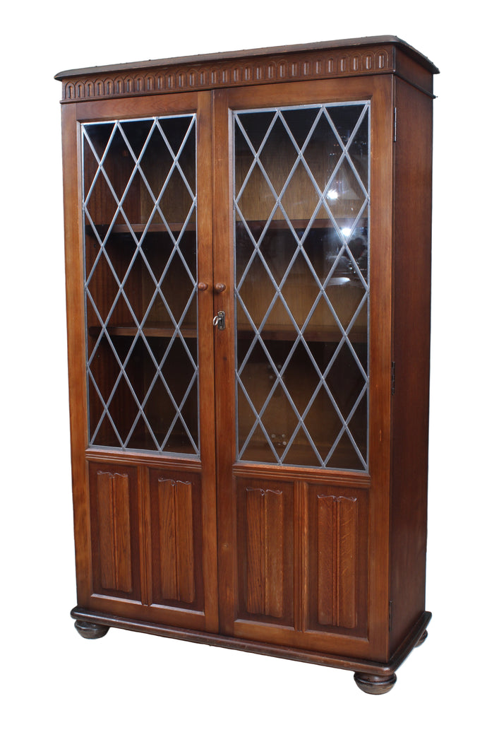 English Oak Leaded Glass Bookcase c.1930