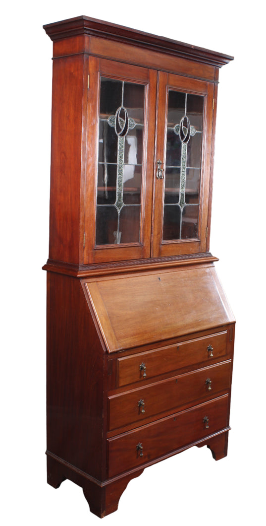 English Mahogany Leaded Glass Bureau Bookcase c.1900