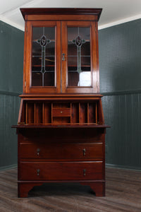 English Mahogany Leaded Glass Bureau Bookcase c.1900