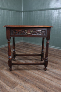 English Drawered Carved Oak Side Table c.1900