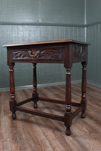 English Drawered Carved Oak Side Table c.1900