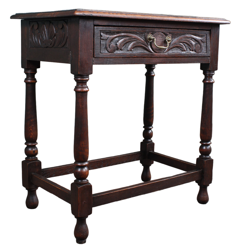 English Drawered Carved Oak Side Table c.1900
