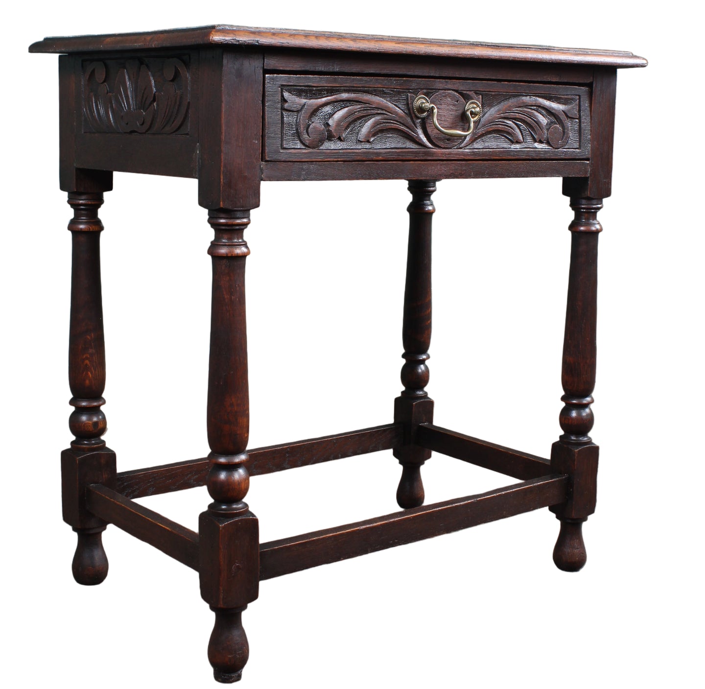 English Drawered Carved Oak Side Table c.1900