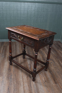 English Drawered Carved Oak Side Table c.1900
