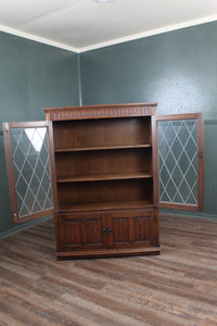 English Oak Leaded Glass Bookcase