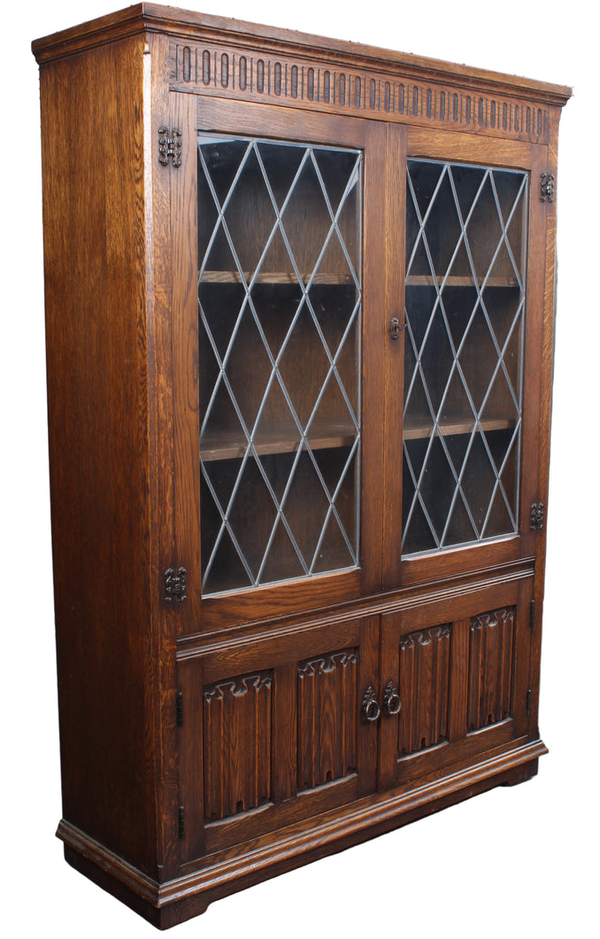 English Oak Leaded Glass Bookcase
