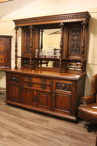 English Carved Oak Mirrored Sideboard c.1870 - 1890