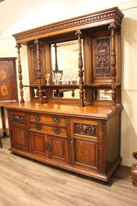 English Carved Oak Mirrored Sideboard c.1870 - 1890