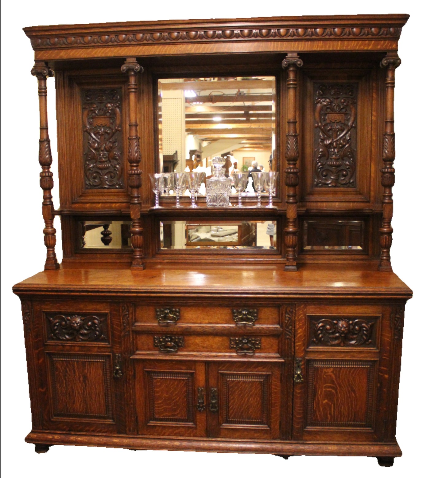 English Carved Oak Mirrored Sideboard c.1870 - 1890