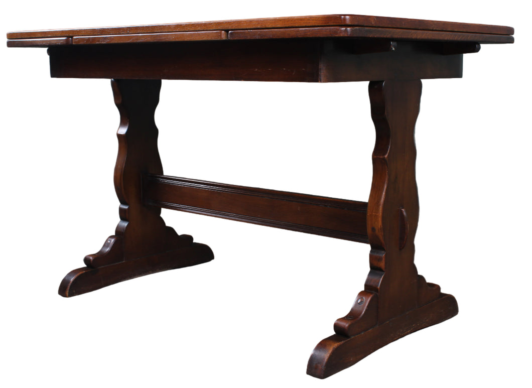 Vintage English Oak Trestle Drawleaf Table