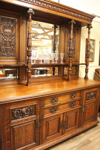 English Carved Oak Mirrored Sideboard c.1870 - 1890