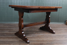 Load image into Gallery viewer, Vintage English Oak Trestle Drawleaf Table