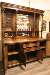 English Carved Oak Mirrored Sideboard c.1870 - 1890