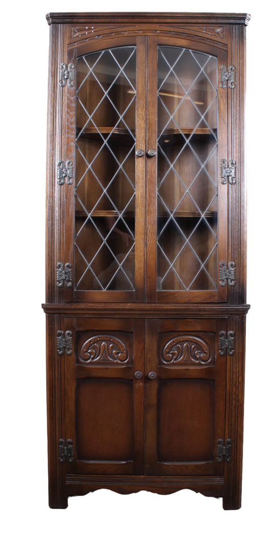 English Leaded Glass Corner Cabinet c.1900