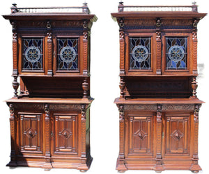 PAIR European Oak Stained Glass Cabinets c.1890