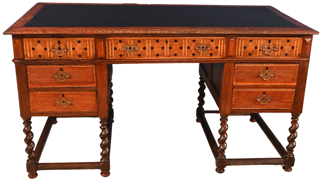 English Arts and Crafts Inlaid Oak Desk c.1900 - The Barn Antiques