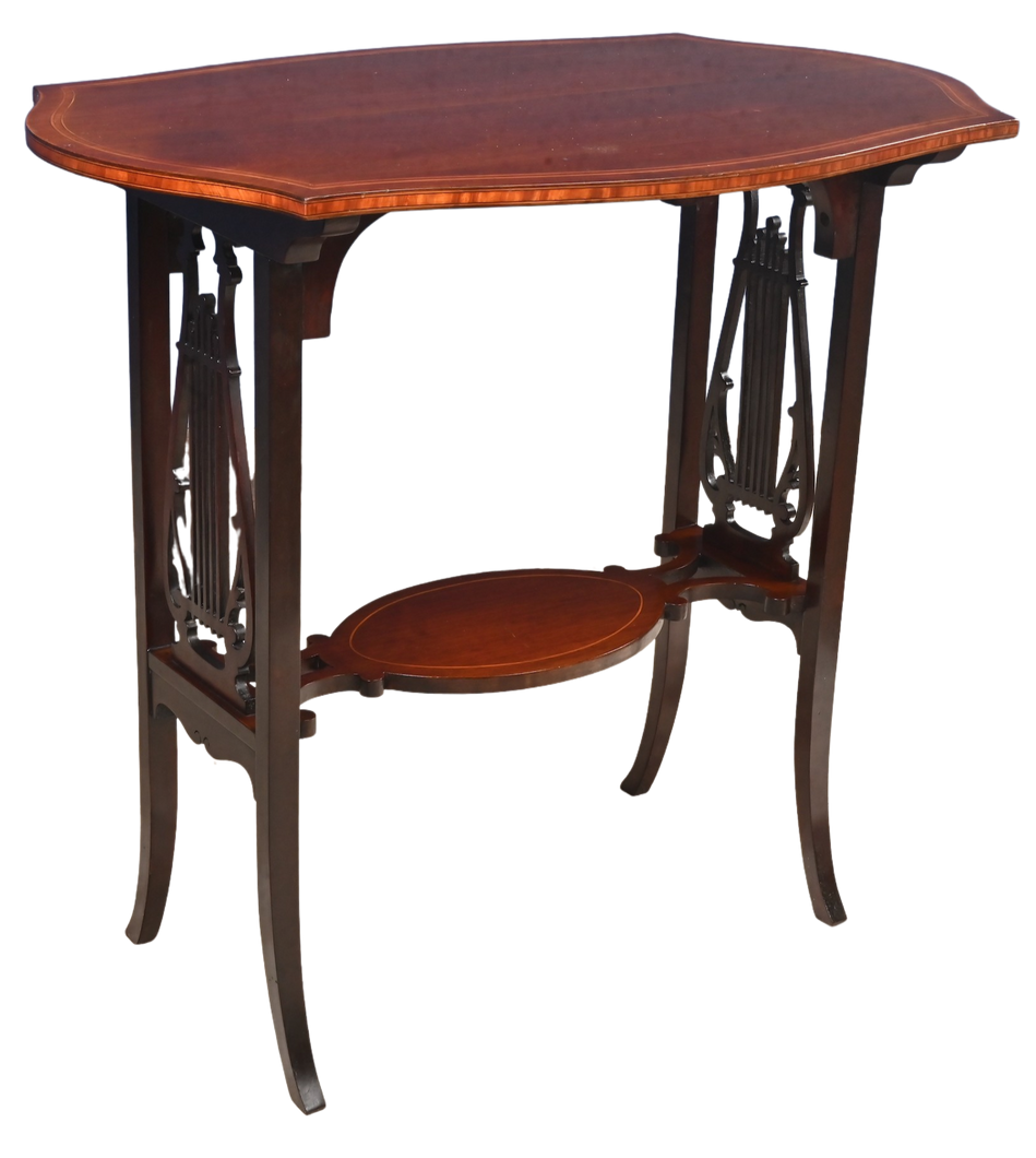 English Inlaid Mahogany Lyre Based Occasional Table c.1900