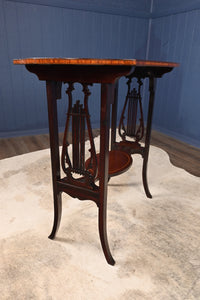 English Inlaid Mahogany Lyre Based Occasional Table c.1900