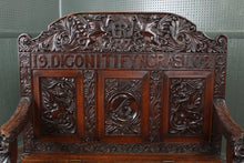 Load image into Gallery viewer, English Carved Oak Bench dated 1902