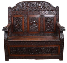 Load image into Gallery viewer, English Carved Oak Bench dated 1902