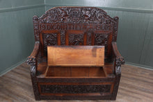 Load image into Gallery viewer, English Carved Oak Bench dated 1902