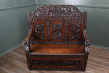 Load image into Gallery viewer, English Carved Oak Bench dated 1902