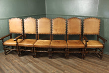 Load image into Gallery viewer, English Leather and Oak Highback Chairs set of 6