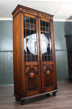 Load image into Gallery viewer, English Oak Stained Glass Bookcase c.1900