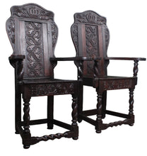 Load image into Gallery viewer, Pair of English Oak Wainscot Chairs dated 1702