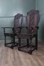Load image into Gallery viewer, Pair of English Oak Wainscot Chairs dated 1702