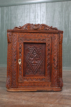 Load image into Gallery viewer, Petite English Carved Oak Hanging Corner Cabinet c.1890