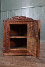 Load image into Gallery viewer, Petite English Carved Oak Hanging Corner Cabinet c.1890