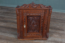 Load image into Gallery viewer, Petite English Carved Oak Hanging Corner Cabinet c.1890
