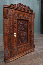 Load image into Gallery viewer, Petite English Carved Oak Hanging Corner Cabinet c.1890