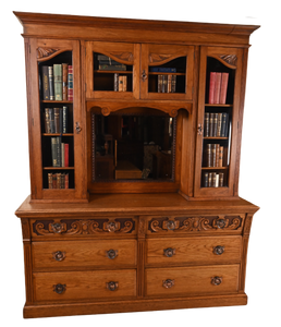 Oak Beveled Glass Bookcase over Drawers - The Barn Antiques