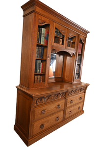 Oak Beveled Glass Bookcase over Drawers - The Barn Antiques
