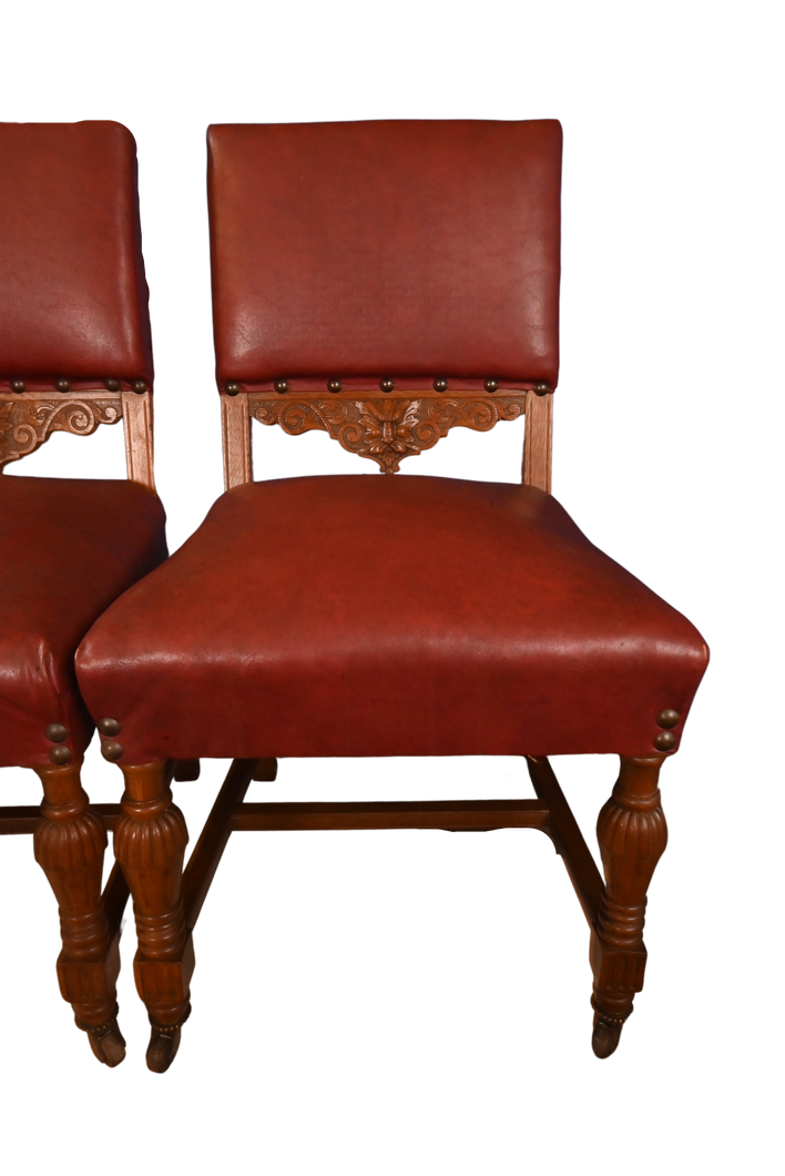 English Handsomely Carved Solid Oak Library Chairs c.1900 - Set of 8 - The Barn Antiques