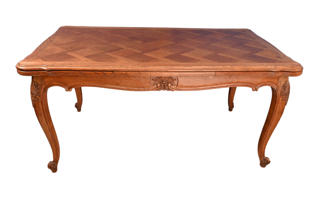 French Oak Marquetry Drawleaf Table c.1920 - The Barn Antiques