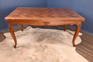 French Oak Marquetry Drawleaf Table c.1920 - The Barn Antiques