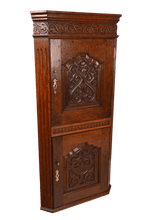Load image into Gallery viewer, Hand Carved English Oak Hanging Corner Cabinet c.1830 - The Barn Antiques