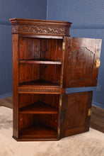 Load image into Gallery viewer, Hand Carved English Oak Hanging Corner Cabinet c.1830 - The Barn Antiques