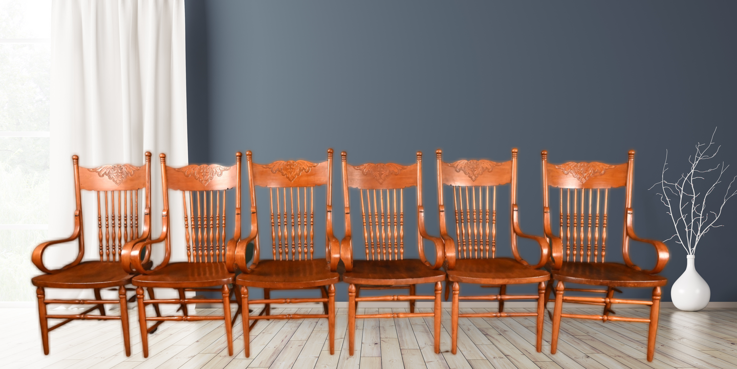 Stunning American Oak Pressed Back Arm Chairs c.1900 - The Barn Antiques